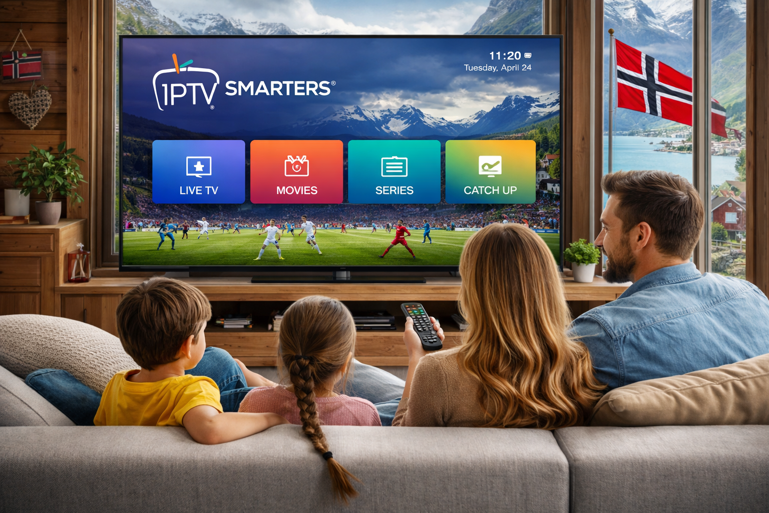 IPTV Smarters Pro grensesnitt – LIVE TV, MOVIES, SERIES, CATCH UP vist på skjerm